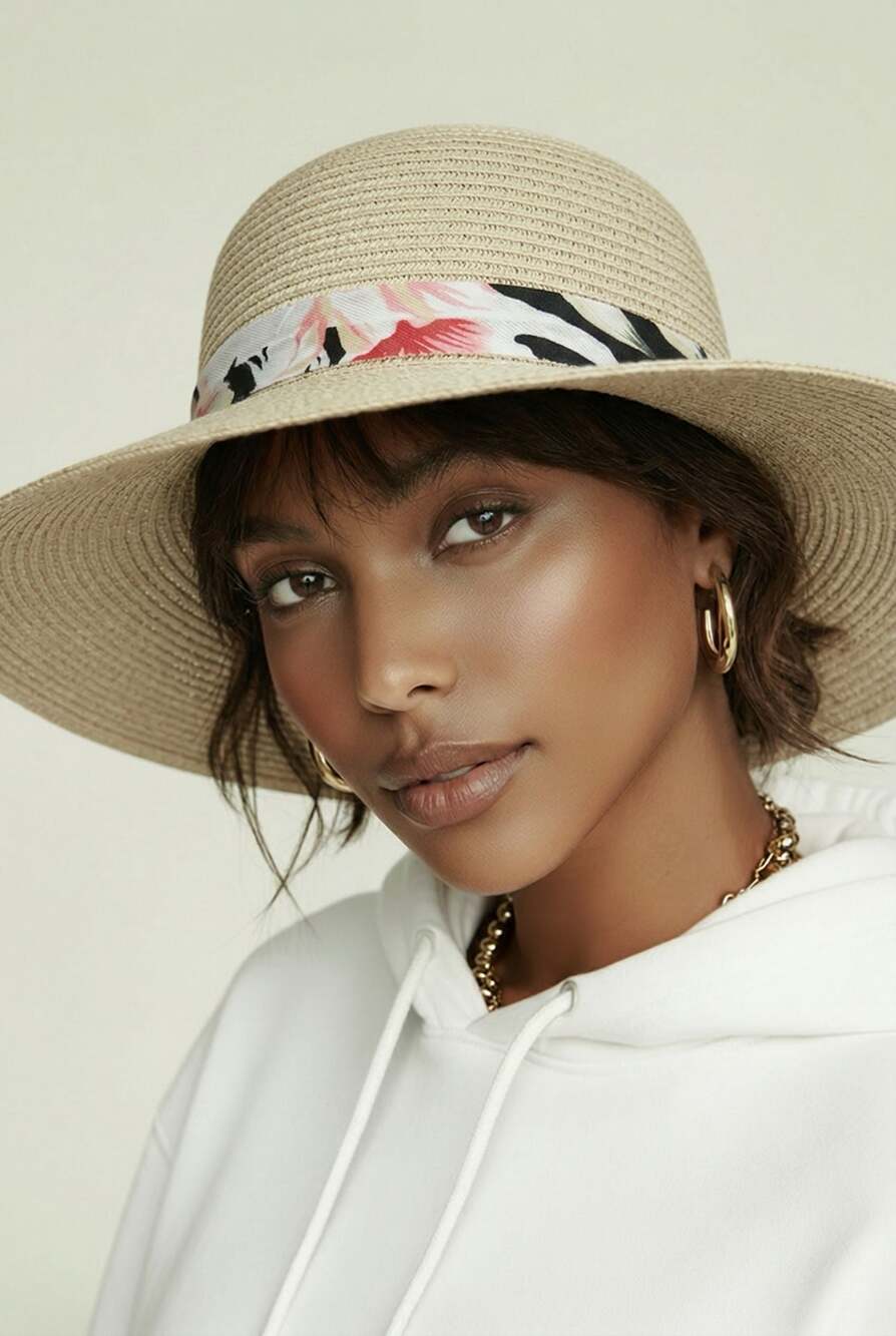 Rachel Zoe Women's Wide Brim Straw Sun Hat UPF 50+ Adjustable with Floral Band